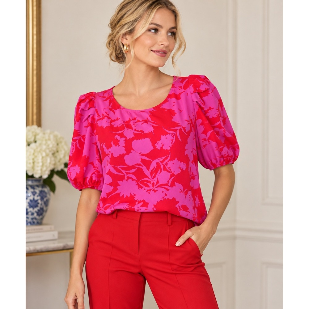 Pleione Womens Pink Red Floral Puff Sleeve Scoop Neck Blouse Small